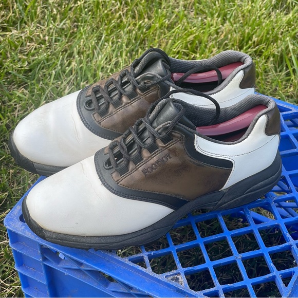 FootJoy GreenJoys Men’s 8.5 W White Brown Leather Soft Spike Golf Cleats 45516 - Picture 2 of 16